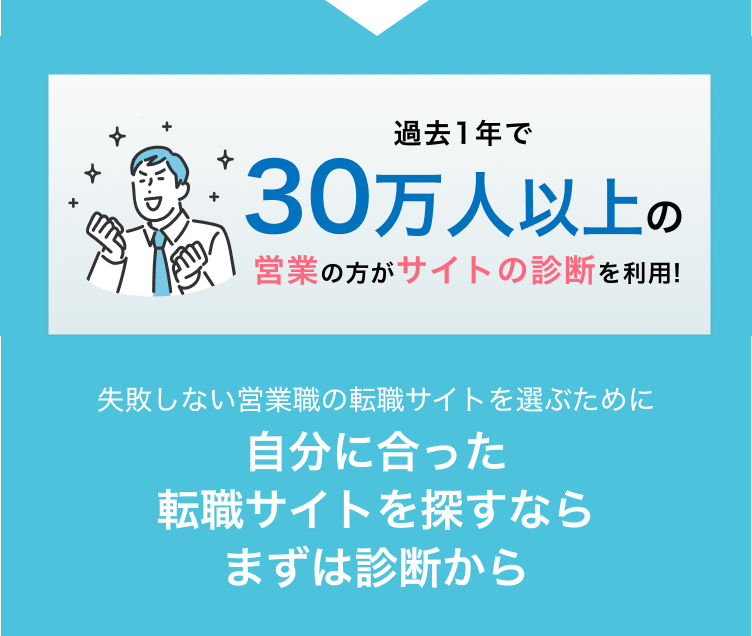 ལ
*
過去1年で
30万人以上の
営業の方がサイトの診断を利用!
失敗しない営業職の転職サイトを選ぶために
自分に合った
転職サイトを探すなら
まずは診断から