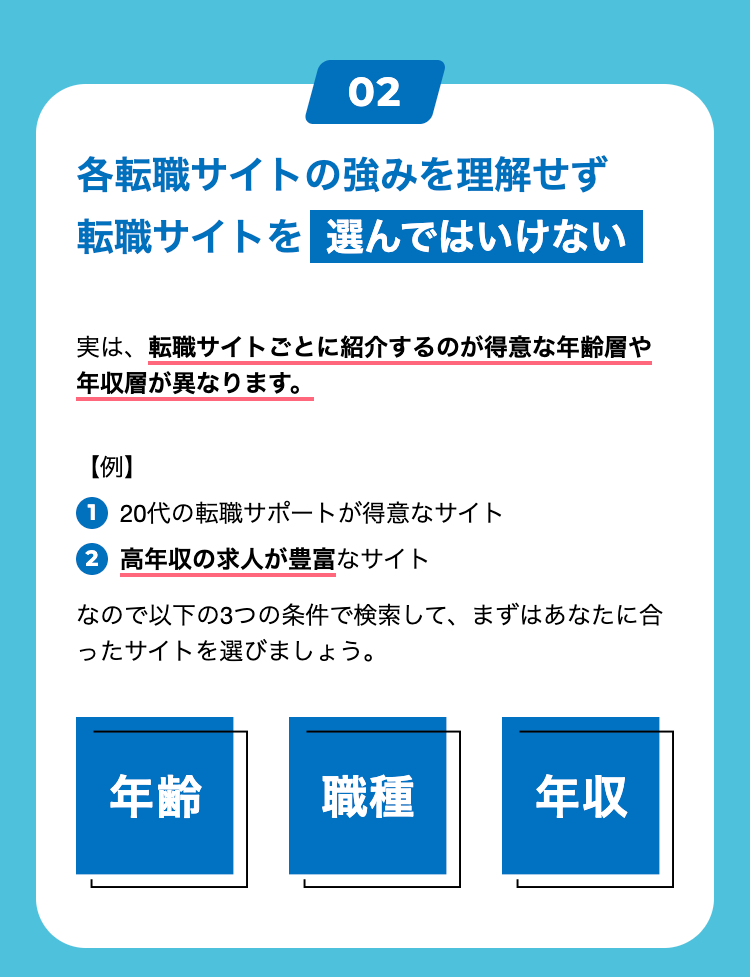 02
各転職サイトの強みを理解せず
転職サイトを選んではいけない